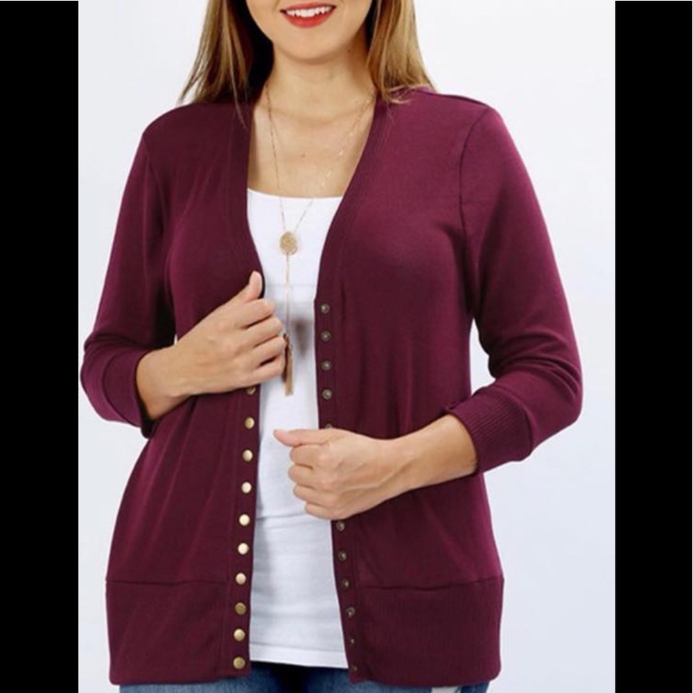 Zenanna Cabernet Lightweight Snap Cardigan New